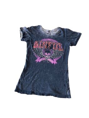 Y2K Sinful Angel Wings Tee with purple heart graphic and wings, reversible
